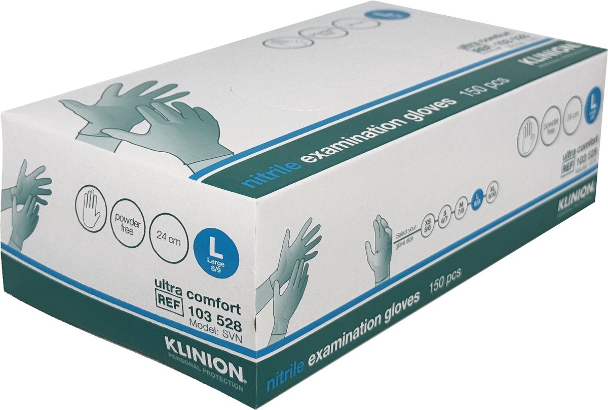 Klinion Personal Protection Ultra Comfort - Handschoenen - Nitril - Poedervrij - Maat L (Large) - Wit - 150 stuks