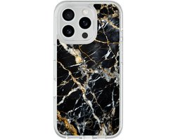 Hybride hoesje geschikt voor iPhone 16 Pro - Black marble elegance - Extra bescherming - Luxe beschermhoes - TPU case - Transparant, Zwart, Goud - Mooie Telefoonhoesjes