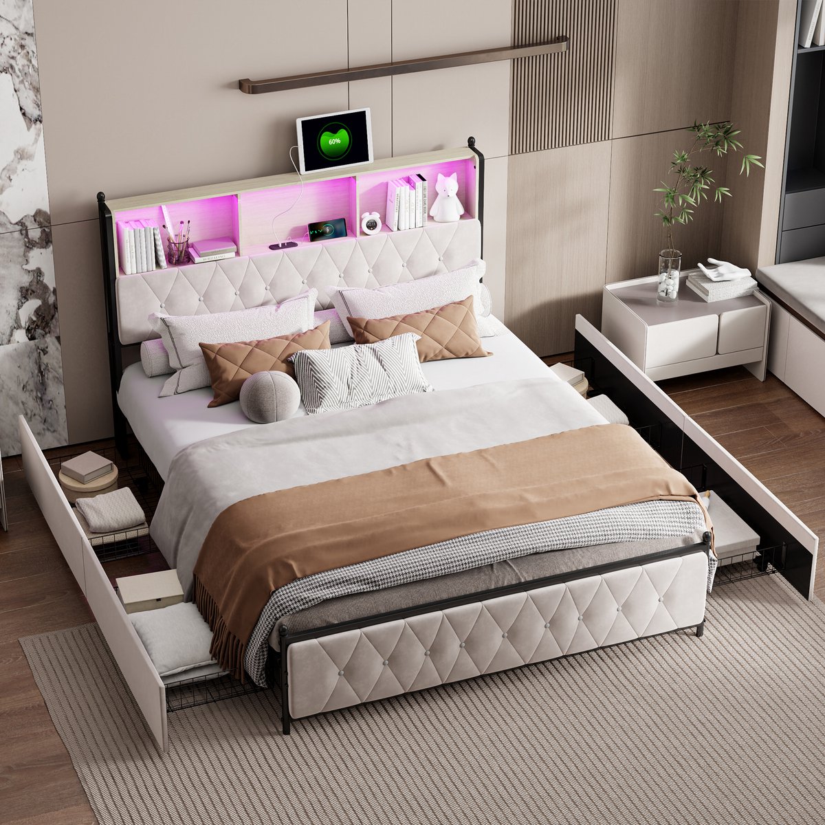 Tweepersoonsbed 140x200 cm met LED-hoofdbord en USB-aansluiting, jeugdbed met lattenbodem en 4 opbergladen, opbergbed, functioneel bed, zonder matras, fluweelbeige