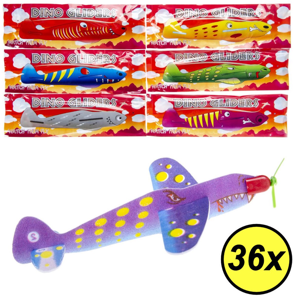 Decopatent - 36 STUKS Foam Dinosaurus Vliegtuigen - Traktatie Uitdeelcadeautjes voor kinderen - Uitdeelcadeaus - Fighter Foam Gliders - Speelgoed Traktaties