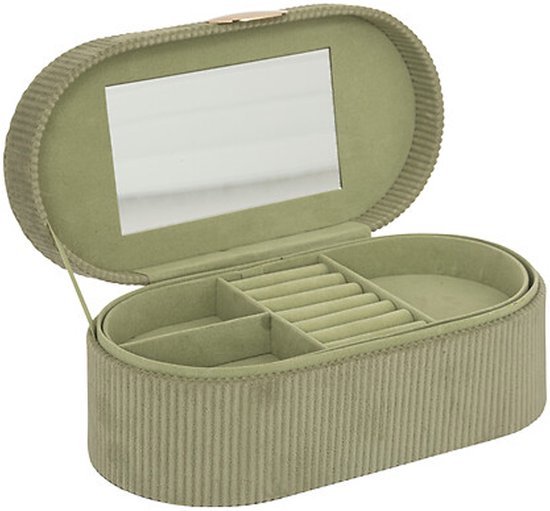 Boîte à bijoux verte ouverte, côtelée, avec miroir, compartiments pour bagues et espaces.