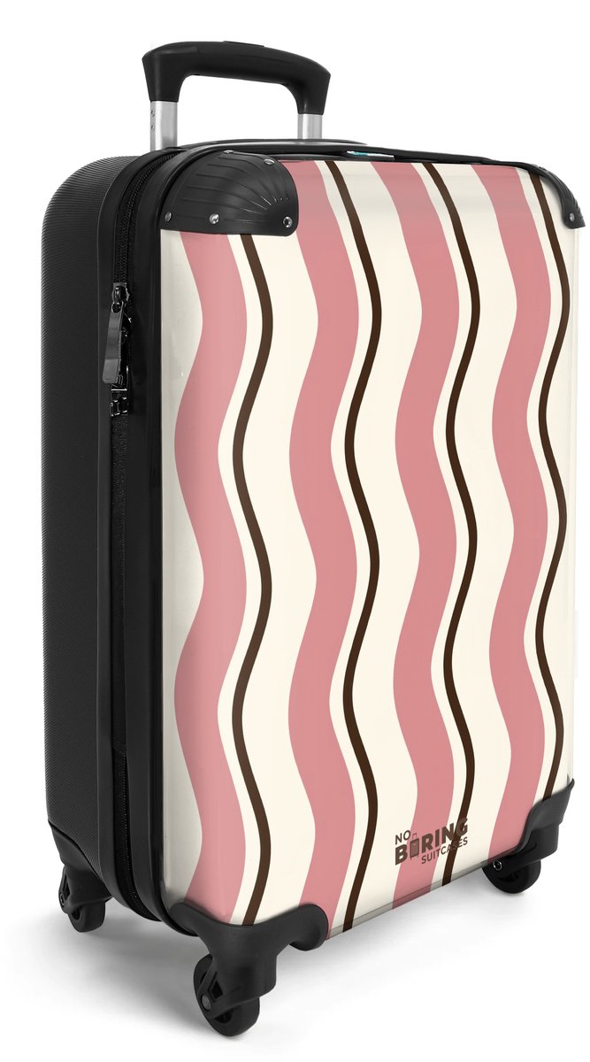 NoBoringSuitcases.com® - Handbagage koffer lichtgewicht - Reiskoffer trolley voor reizen - Golvende strepen in roze met beige - Cabine rolkoffer met wieltjes - Travel luggage - Hardcase valies klein - Past binnen 55x40x20 en 55x35x25