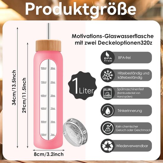 Wenburg Wolton Trinkflasche/Glasflasche mit Edelstahl Deckel 550 ml / 750 ml / 1 l, Neopren Hülle. Sportflasche/Wasserflasche aus Glas. Für Unterwegs (1 l, grün