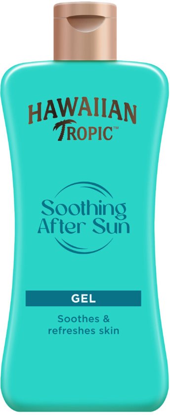Turquoise fles Hawaiian Tropic Soothing After Sun Gel met een beige dop.