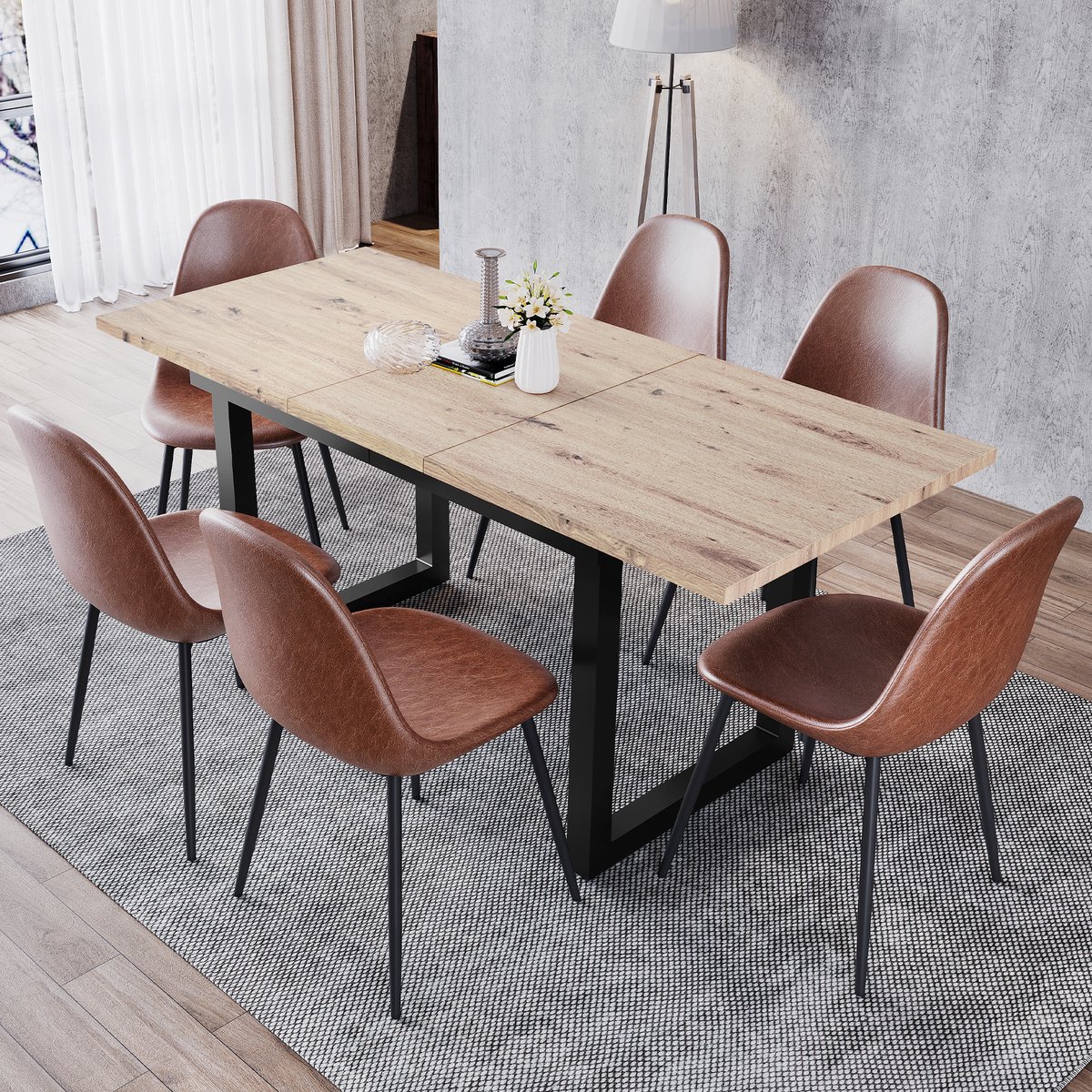 Sweiko Uitbreidbare Eettafel - Industriële stijl - Rechthoekige - ijzeren Eettafel - Eiken uiterlijk+Zwart(Zonder stoelen)