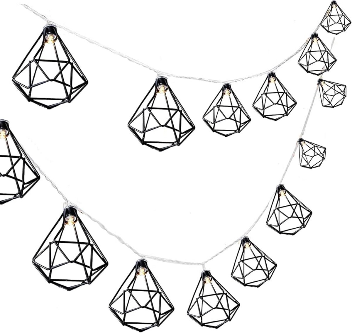Go Go Gadget - Lichtslinger - Diamantvorm - Industrieel ontwerp - LED - 10 lampenkapjes - Batterij - Lichtsnoer - Zwart - 120cm