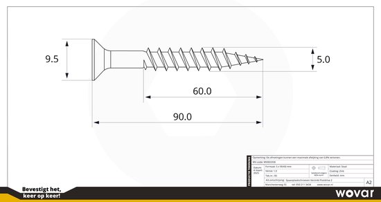 Wovar Vis pour panneaux de Vis pour panneau aggloméré Galvanisé 5 x 90 mm Pozidrive Filetage partiel | 200 pièces