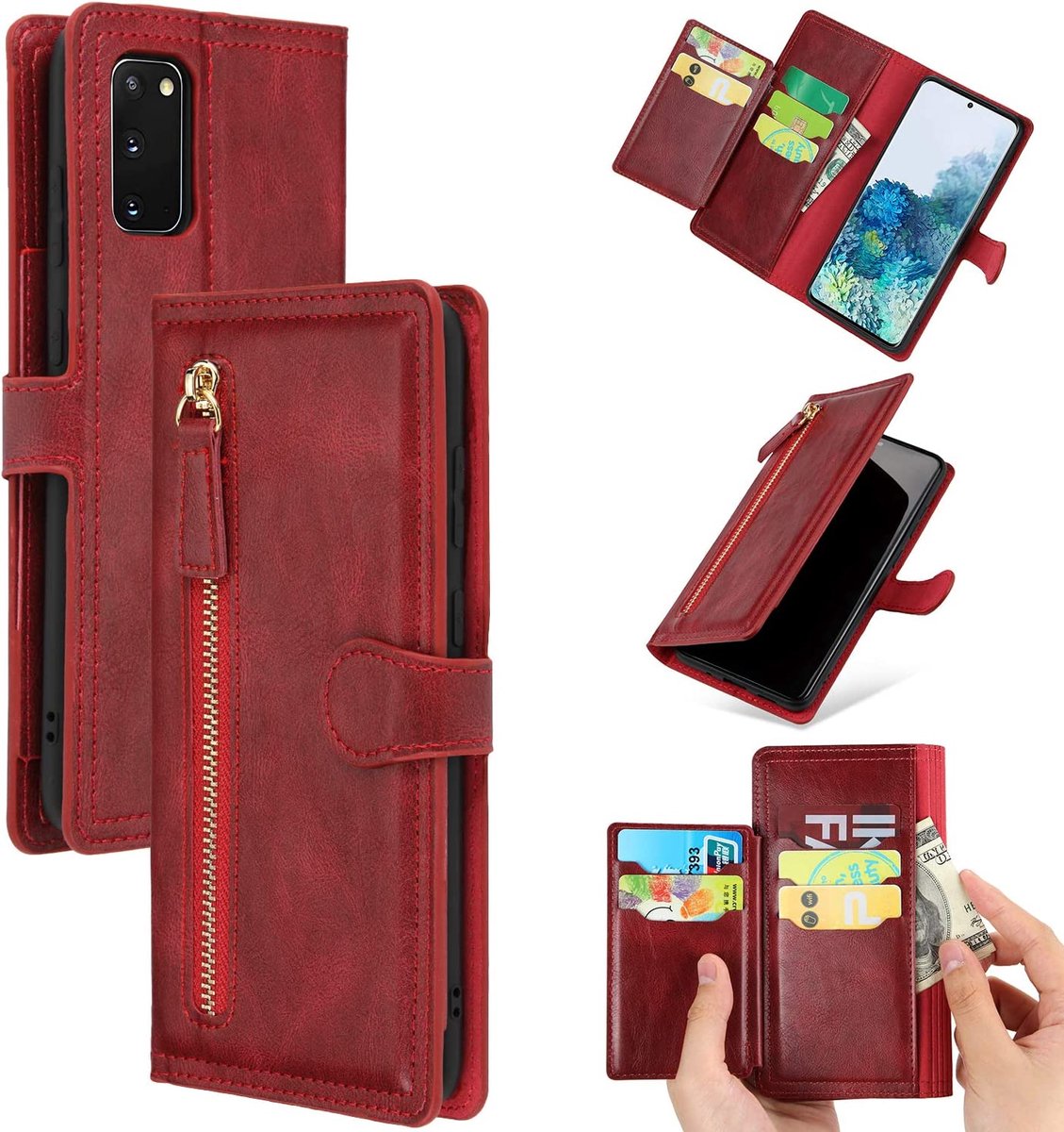 Premium vintage portemonnee hoesje met ritssluiting flip-cover hoes met kaarthoudersleuven Geschikt voor: Samsung Galaxy A32 4G - Rood
