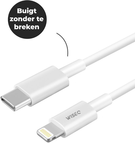 Witte WiseQ Lightning naar USB-C kabel, buigt zonder te breken.