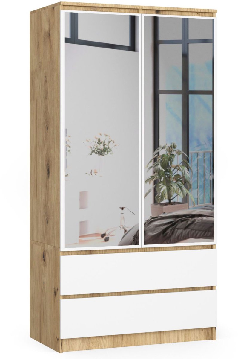 Akord Kledingkast S90 met Spiegel 2 Deuren en 2 Lades / AKORD Furniture Factory / Artisan Eik - Wit / 90 x 180 x 51 cm