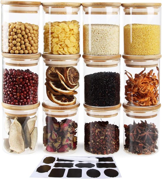 ComSaf Glazen Kruidenpotjes Vierkant, 16 x 180 ml, Kruidenpotjes met Bamboe Deksel, Luchtdichte Kruidenpotjes met 54 Etiketten, voor Kruiden, Zout, Suiker, Lade en Keuken