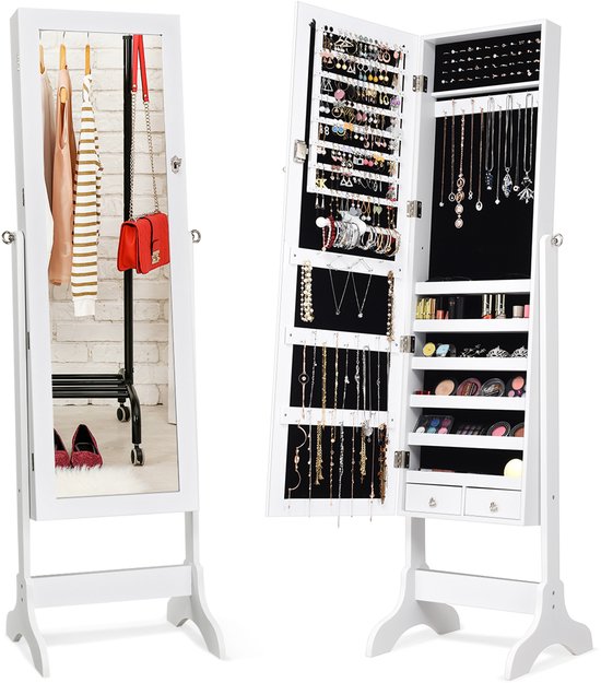 Armoire à bijoux COSTWAY, armoire à bijoux autoportante, organiseur de bijoux verrouillable avec miroir pleine longueur et 2 tiroirs
