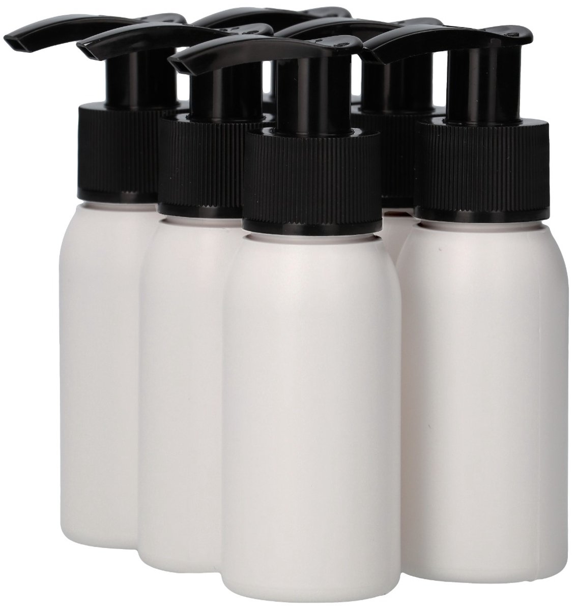6 x 50 ml ronde fles HDPE wit + Zeepfles Dispenserpomp zwart - BPA Vrij - Niet Breekbaar - Plastic Flesjes Navulbaar - Met Dop - Lege Flessen - 6 stuks