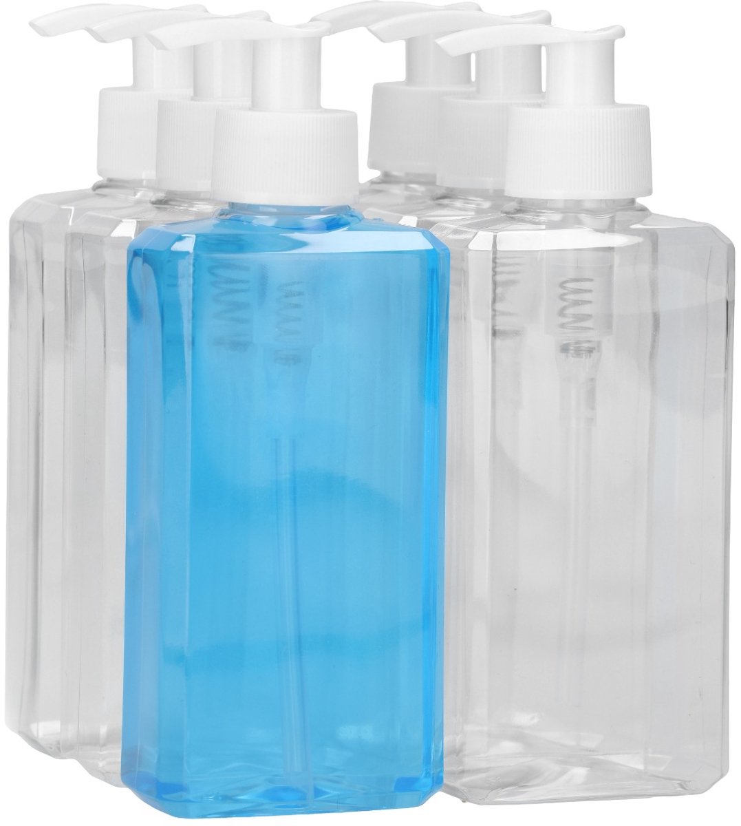 6 x 250 ml moderne rechthoekige fles PET transparant + Zeepfles Dispenserpomp wit - PET Kunststof BPA-vrij - Plastic Flessen Navulbaar - Met Dop - Lege Flessen - 6 stuks