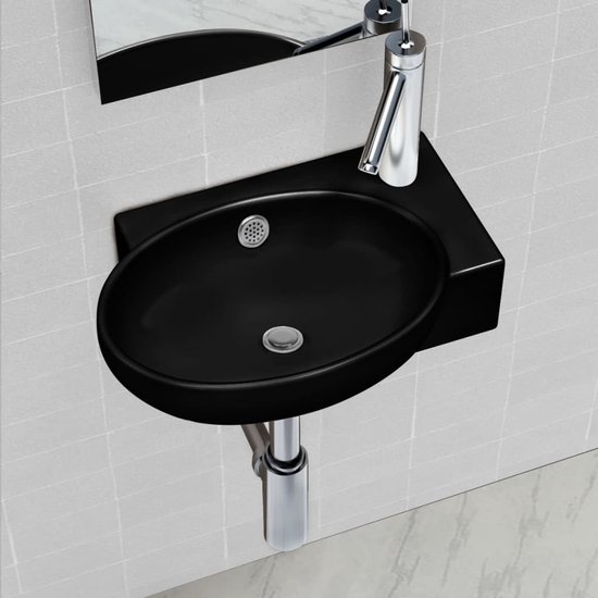 vidaXL Wastafel met Kraangat Rond Gootsteen Wasbak Wastafels Gootstenen Waterbassin Bassin Spoelbak Sanitair Wasbakken Keramiek Zwart