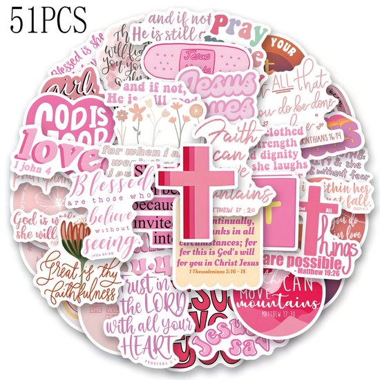 Veel roze christelijke stickers met teksten zoals 'JESUS LOVES YOU' en religieuze symbolen.