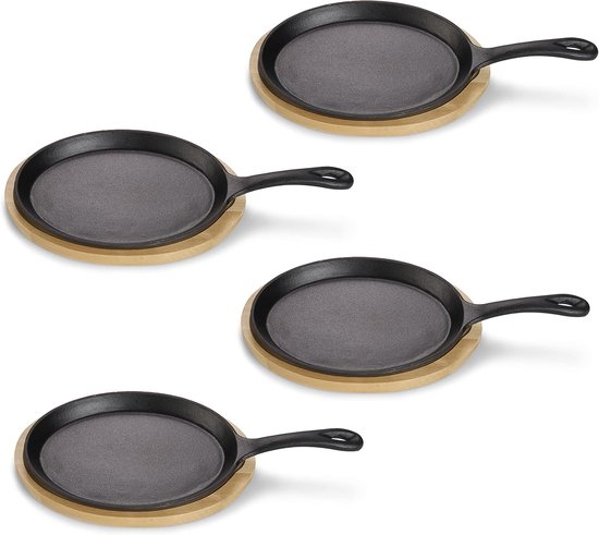 HENDI Cast Iron Serving Pan, with Birch Wood Coaster, Removable Handle, Oven Suitable for Serving Hot Food, Serving Plate, Grill Pan, 280x130x(H)30mm