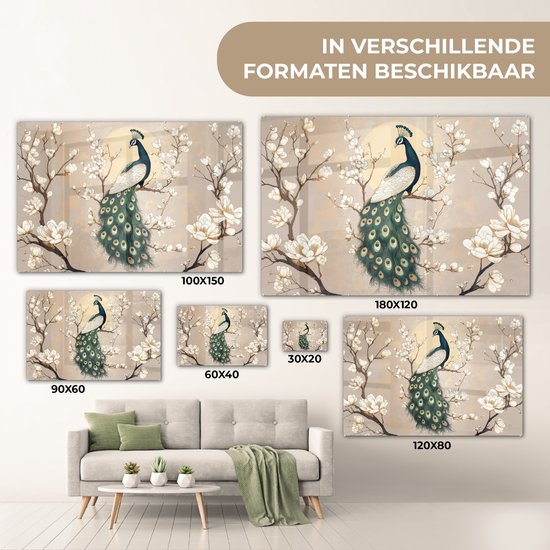 MuchoWow® Tableau sur verre 120x80 cm - Tableau sur verre acrylique - Paon - Branche - Fleurs - Photo sur verre - Décoration murale salon - Décoration murale chambre - Peintures