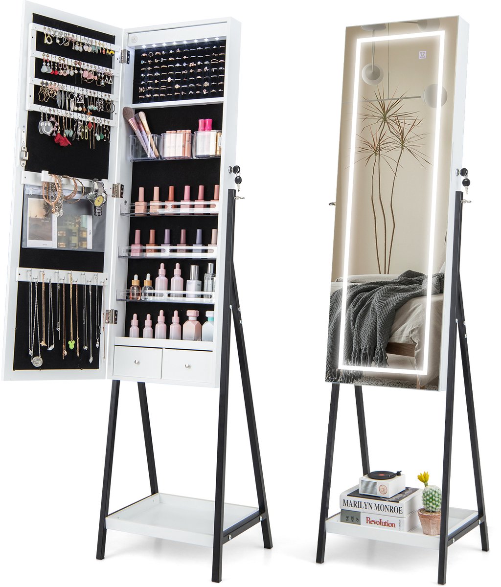 COSTWAY Sieradenkast met plank, spiegelkast afsluitbaar met full-body spiegel, 3 gekleurde