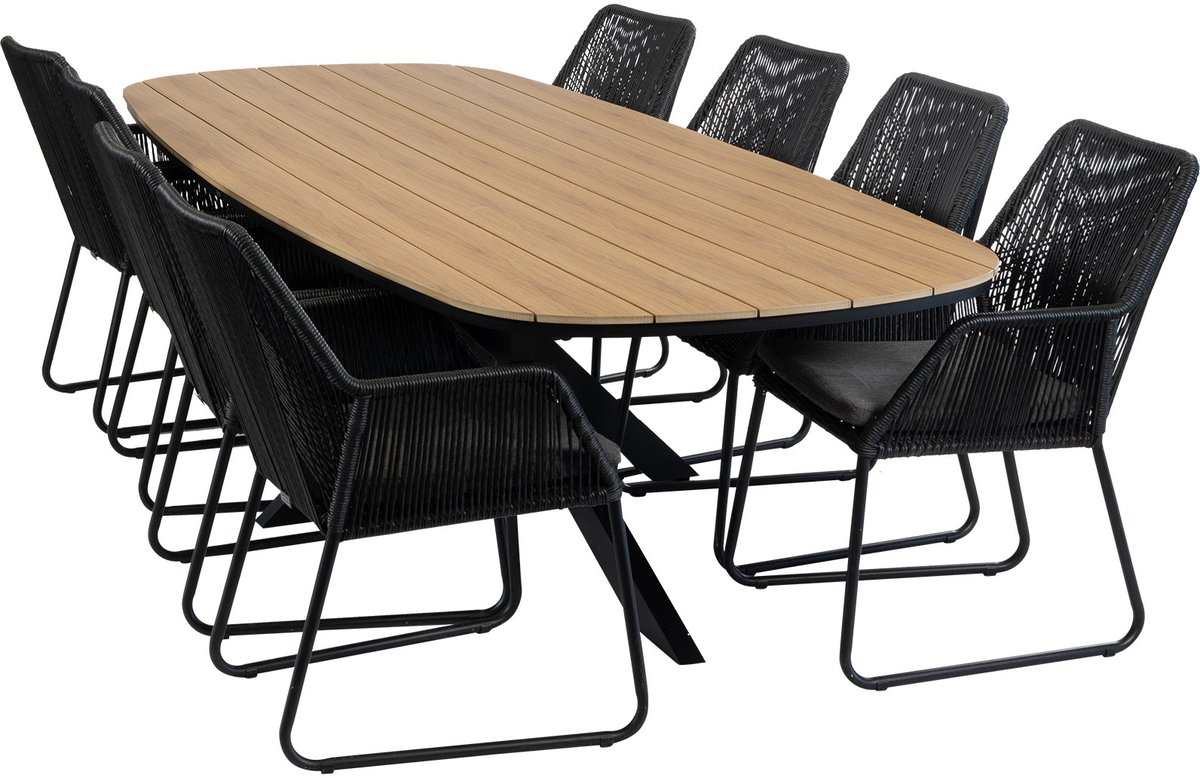 9-delige tuinset | 8 Mona tuinstoelen (Black) | Tuintafel Cadiz 280x115cm (Black)