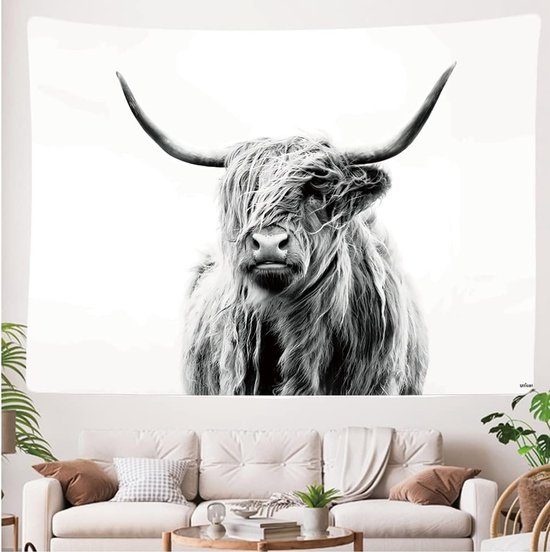 Ulticool Wandkleed 200x150 cm – Schotste Hooglander Koe Zwart Wit – Met Bevestigingspinnen - voor Binnen - Aesthetic Room Decor Wandtapijt Decoratie Poster Boho Wanddoek Slaapkamer Natuur Schilderij Canvas - Vrouw Man Tiener Meisje