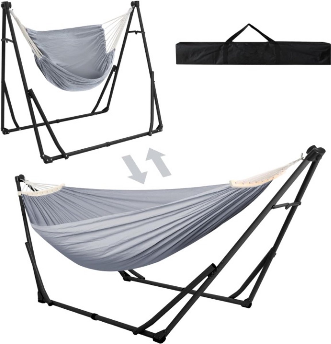 Hangmat met Standaard - Hangstoel - 2 in 1 - Tuinhangmat - 200 kg Capaciteit - Robuuste Stof - Heavy Duty Stalen Standaard - Draagtas Inbegrepen - voor Buiten - Balkon - Terras - Tuin - 180 x 130 cm - Lichtgrijs