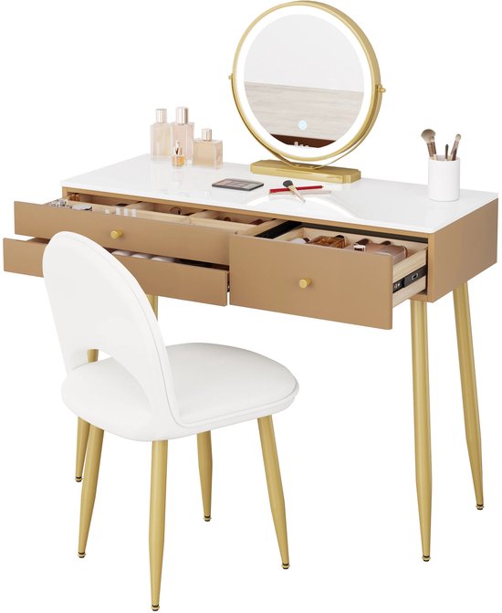 WOLTU Make-uptafel met ledverlichting, ronde spiegel, kaptafel met 3 laden van hout, 1 verstelbare zijtafel, 97,5 x 123 x 39 cm, wit en zwart, MB6115ws WOLTU Make-uptafel met ledverlichting, ronde spiegel, kaptafel met 3 laden van hout, 1 verstelbare zijtafel, 97,5 x 123 x 39 cm, wit en zwart, MB6115ws