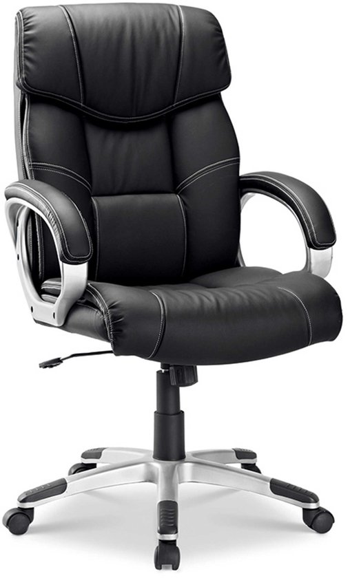Fauteuil de direction noir à dossier haut, accoudoirs argentés et base en étoile, sur fond blanc.