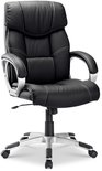 Fauteuil de direction noir à dossier haut, accoudoirs argentés et base en étoile, sur fond blanc.