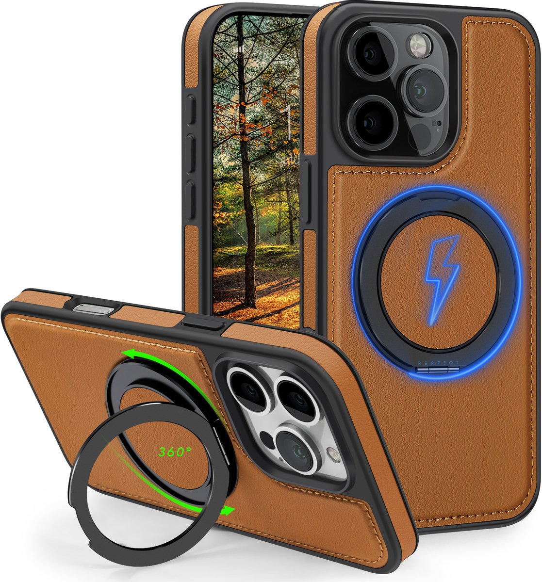 Perfeqt hoesje geschikt voor iPhone 16 Pro leren BackCover met 360° Kickstand & Keyring houder - Rich Brown