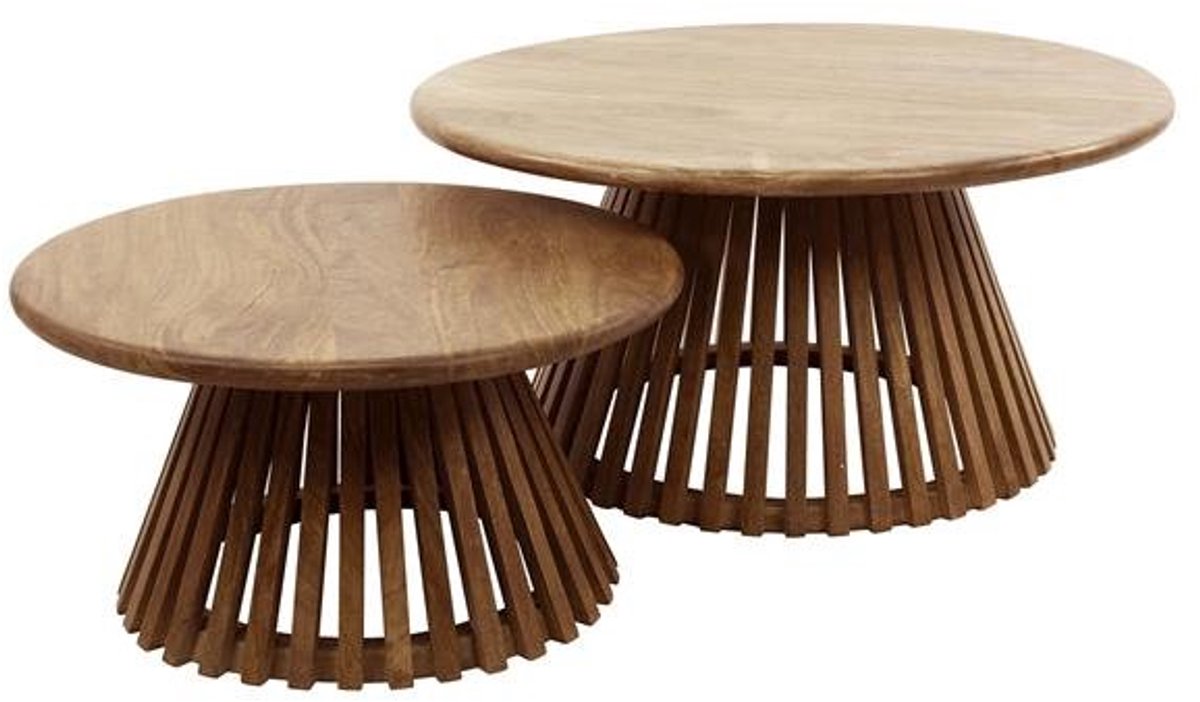 Luxe Salontafelset Rond set van 2 Mangohout - Bijzettafels Set van 2 - Salontafel Zwart Rond - Bijzettafeltjes Woonkamer - Salon Tafel Mangohout Rond - Salontafel industrieel Landelijk - Tafeltje Set 2 stuks Hout kleurig - 80cm