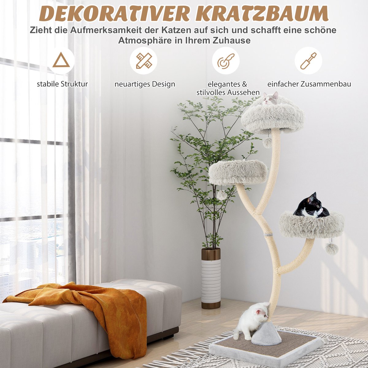 COSTWAY Krabpaal, 178 cm, van hout, kattenboom met 3 warme ligvlakken, pluche ballen en sisalstammen, klimboom, kattenkrabpaal groot, kattentoren met metalen frame, kattenmeubel katten – foto 6