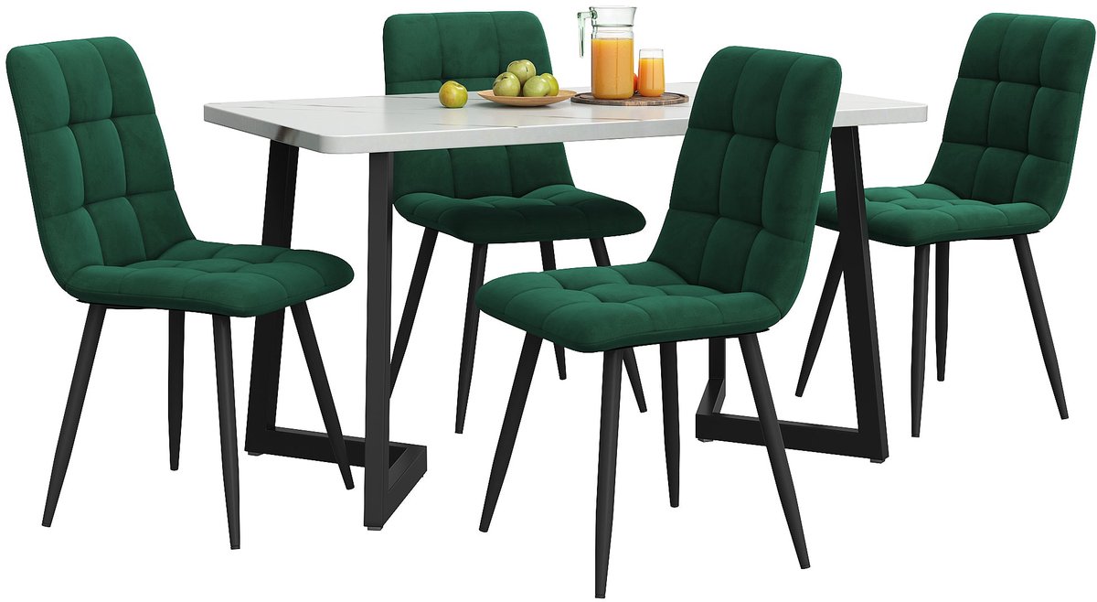 Merax 117 cm Eettafel Set met 4 Donkergroene Velvet Stoelen - Moderne Keukentafel met Zwarte Poten en Witte MDF Tafelblad