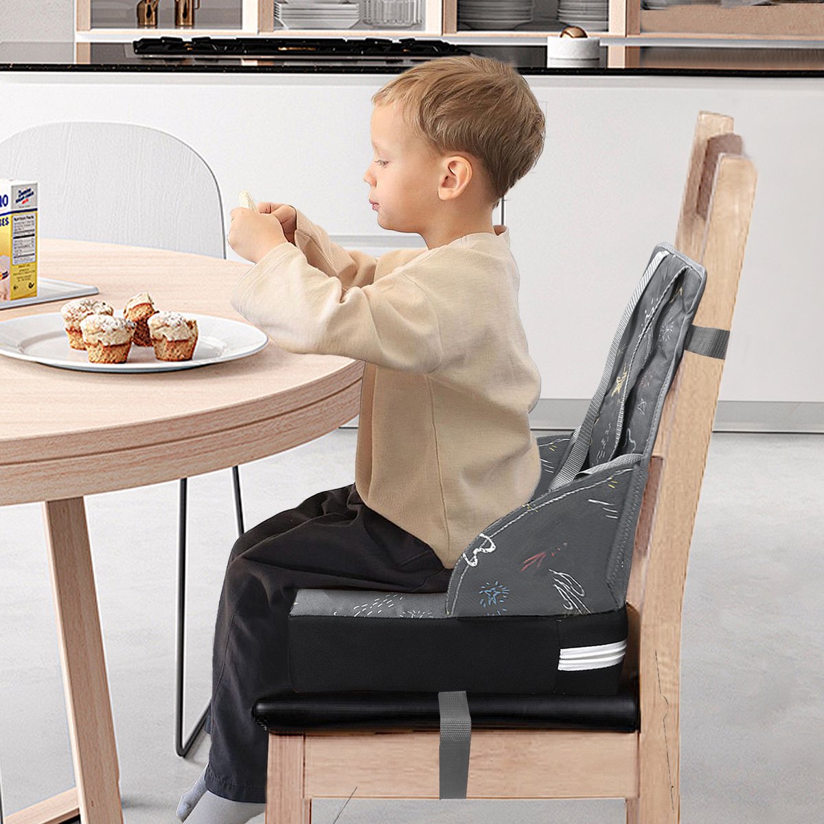 Kinderstoelkussen Verhoger Zitkussen Opvouwbaar Stoelkussen Booster met Rugleuning - Donkergrijs – foto 5
