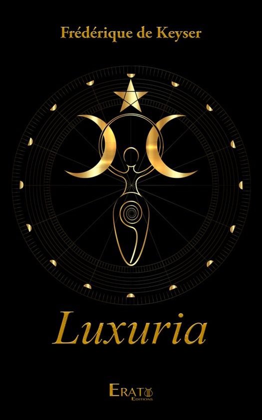 Livre intitulé Luxuria, avec une image dorée d'une femme avec deux croissants de lune, une étoile et un cercle sur fond noir.