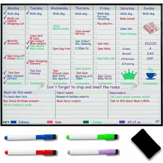 Agenda hebdomadaire entièrement remplie avec tâches, rendez-vous et notes. Clé et stylos inclus.