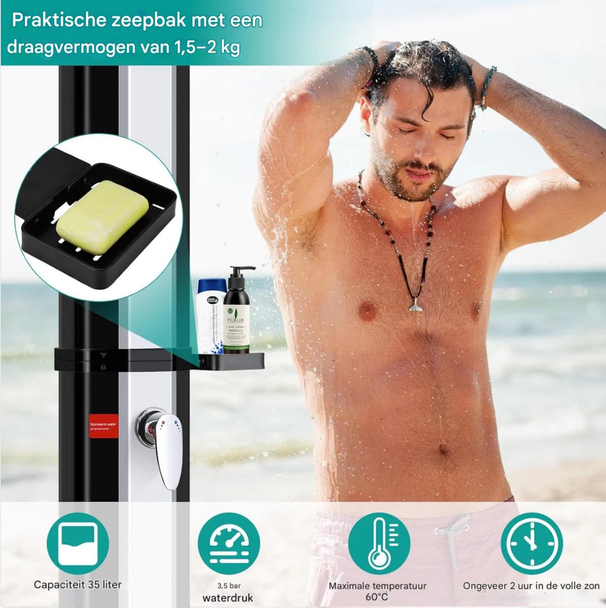 Vrijstaande Buiten Douche - Zwart & Zilver - Tuindouche - Sauna douche - 360° Zonne-energie Douchekop en Voetspoeluitloop - Temperatuurregeling tot 60°C - Met Deksel - 60L thumbnail 5