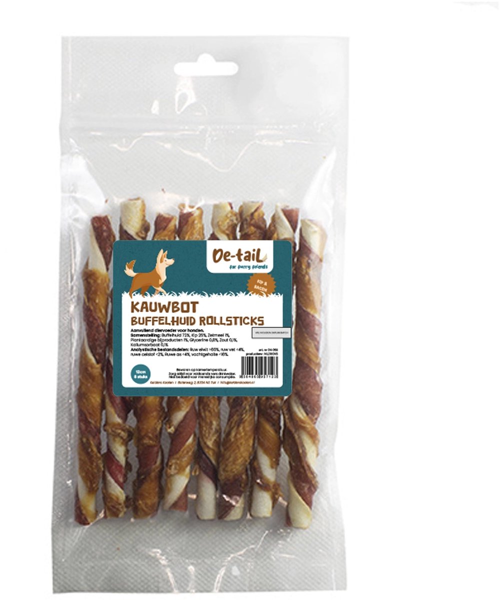 De-Tail Kauwbot buffelhuid rollstick wit met kip/bacon 13 cm 8 pcs