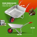 Zilveren kruiwagen met rode handvatten, afmetingen 61 cm breed, 62 cm hoog, 131 cm lang.