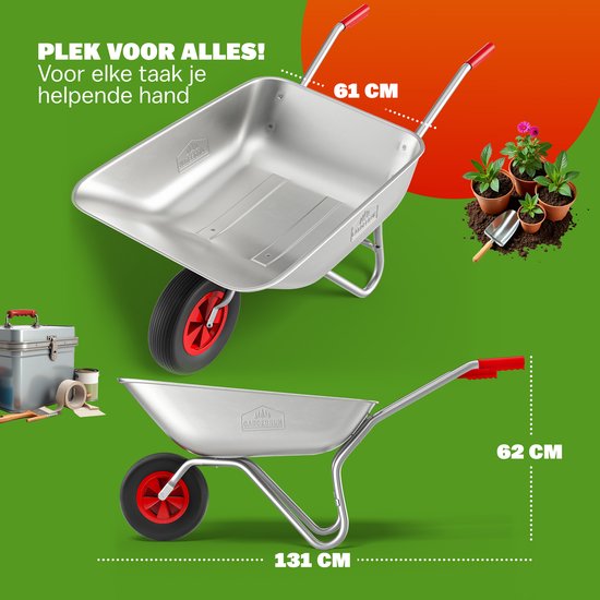 Zilveren kruiwagen met rode handvatten, afmetingen 61 cm breed, 62 cm hoog, 131 cm lang.