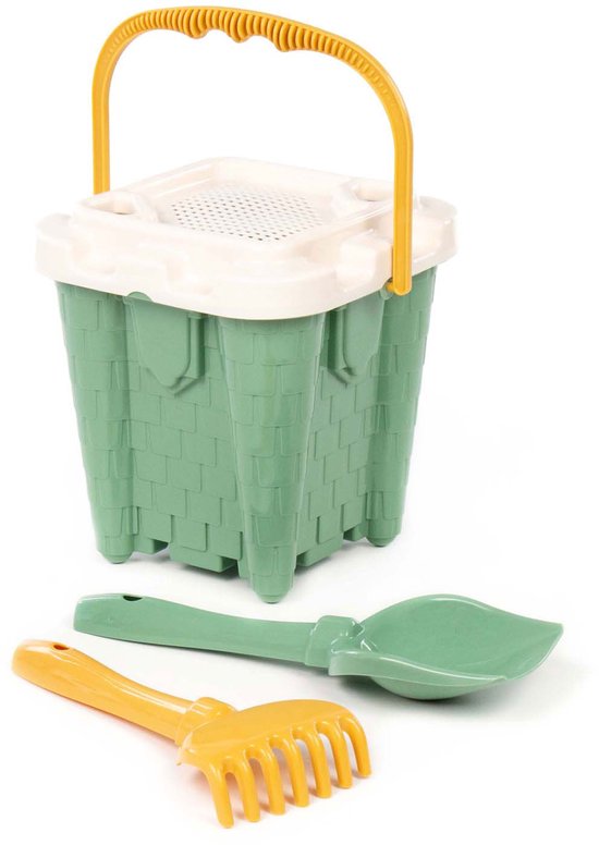 Groene emmer met beige deksel en gele handgreep, met een groene schep en gele hark.