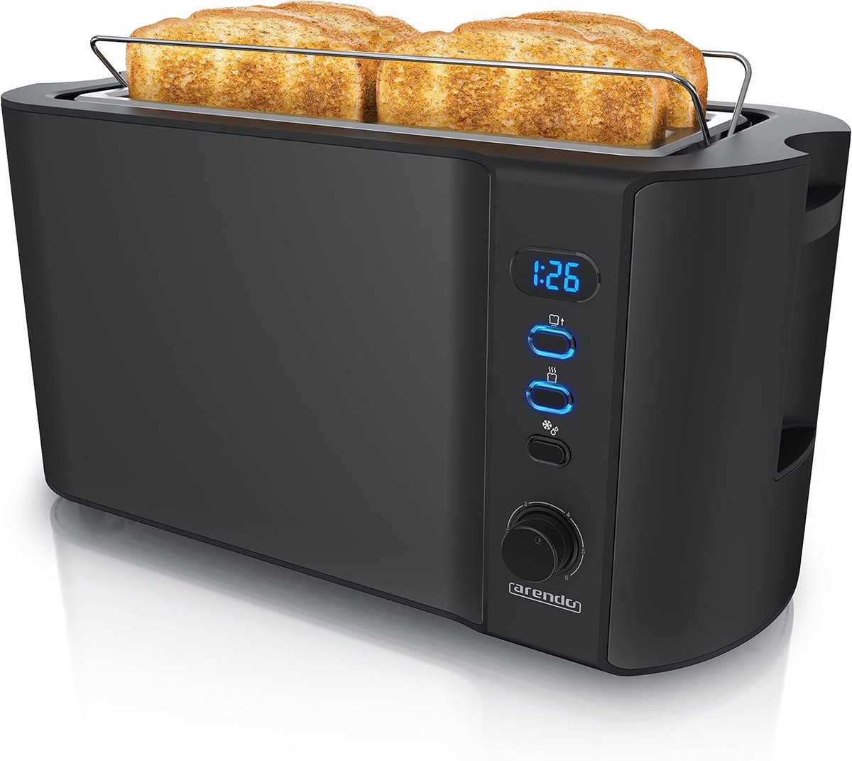 Roestvrijstalen broodrooster met lange sleuf voor 4 sneden - Ontdooifunctie, warmte-isolerende behuizing, en display met resterende tijdweergave