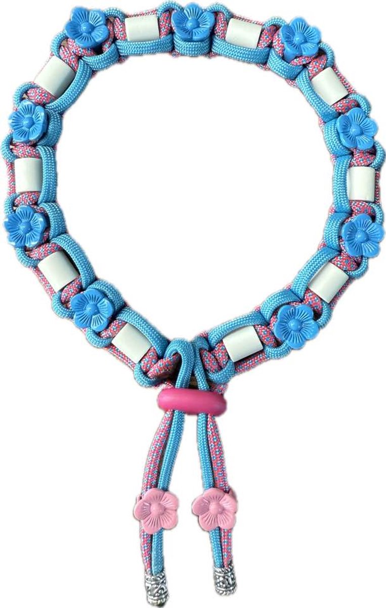 Anti-tekenband hond - Cutie - lengte 35 cm - nekomvang vanaf 33 tot en met 39 cm - originele EM-X kralen lichtgrijs - maat M - roze/blauw - schuifkralen blauw en roze - op=op
