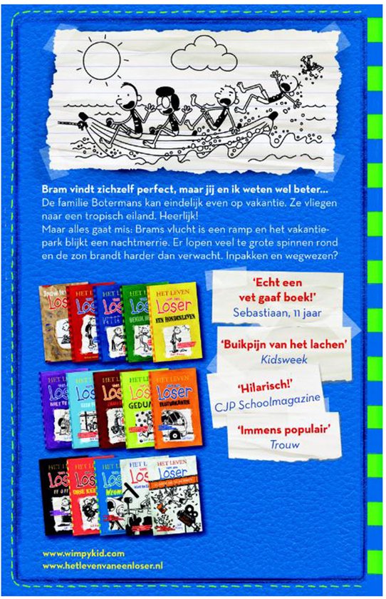 Boekcover met tekening van vakantie met een boot en de tekst 'Bram vindt zichzelf perfect, maar jij en ik weten wel beter...'. Meerdere boeken gestapeld.