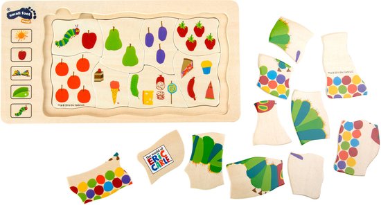 Houten lagenpuzzel met fruit, gebak en de rups van Rupsje Nooitgenoeg. Losse stukjes met eten.