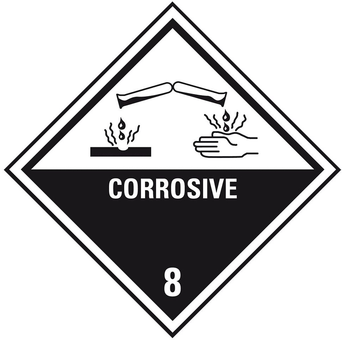 ADR klasse 8 sticker bijtende stoffen met tekst 300 x 300 mm