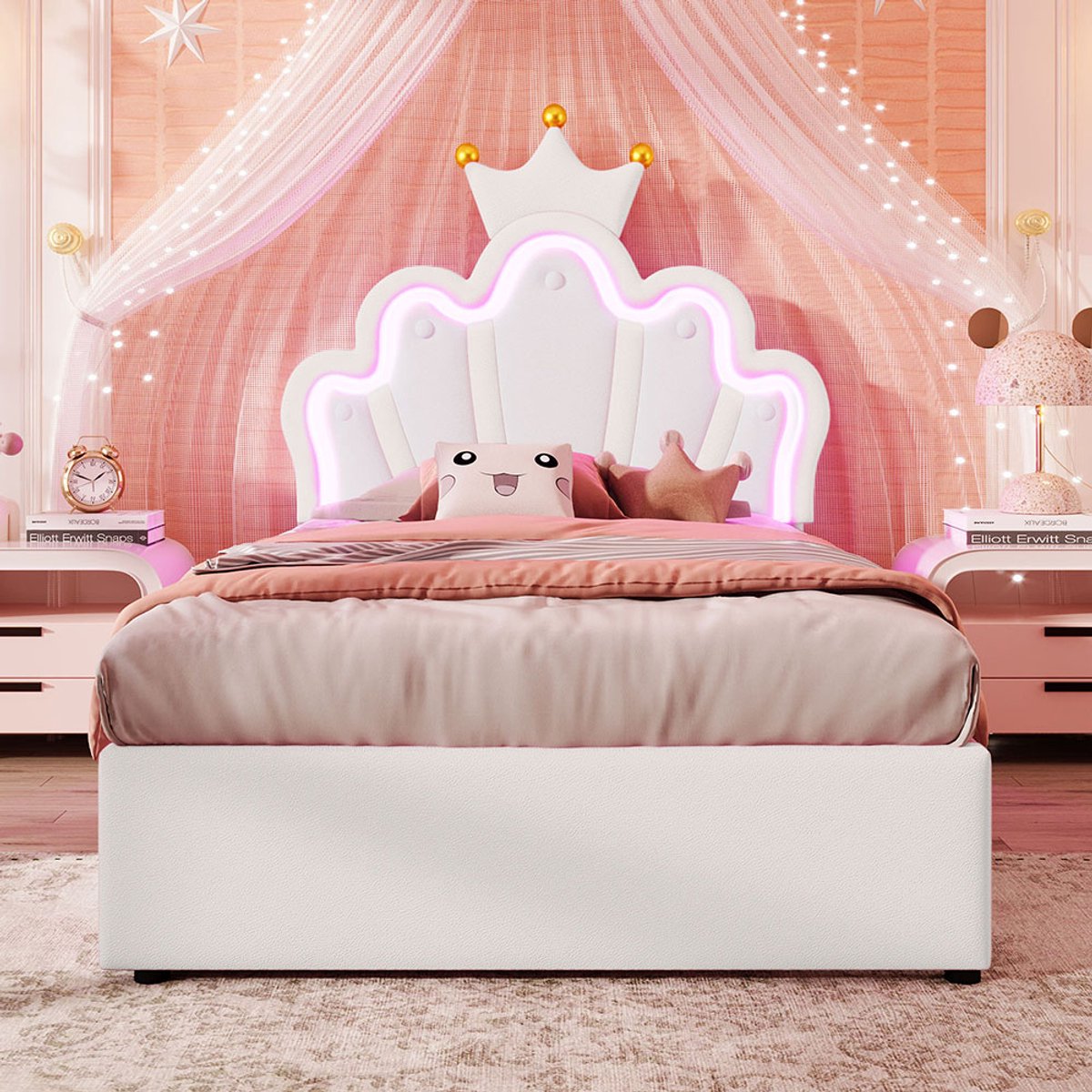 Pugsdrly Gestoffeerd Kinderbed met 2 Onderbedlades 90x200 cm Prinsessenbed in Kroonvorm met Afstandsbedienbare Sfeerverlichting Verstelbaar Hoofdeinde zonder Matras PU Wit