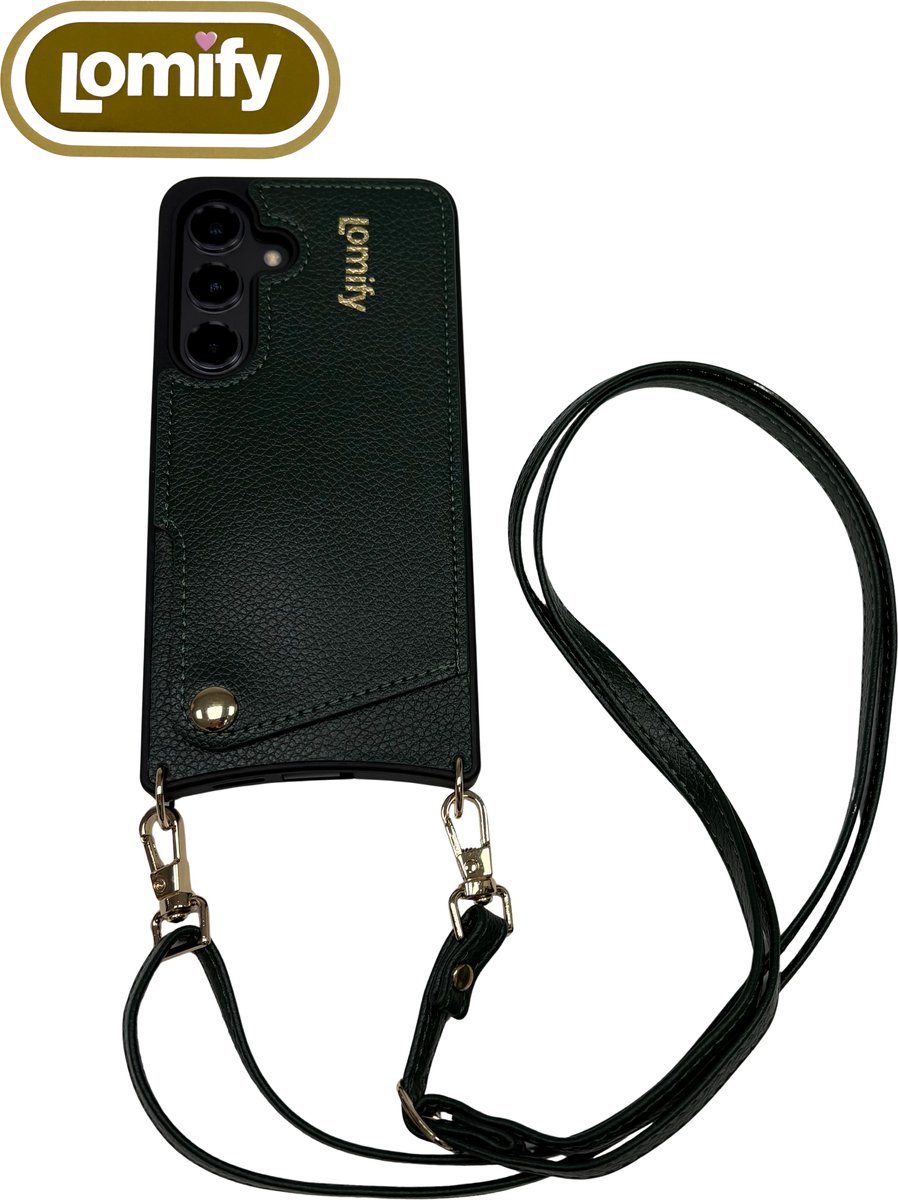 Lomify Corded Case geschikt voor de Samsung Galaxy S24 met pasjeshouder voor 2-3 pasjes incl bijpassende strap, vegan leer Donker Groen