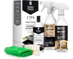 Shieldon Spoelbak Reiniger Set - Granieten & Silgranit Onderhoud - 3 Stuks - Compleet met Sponzen & Doek