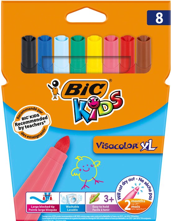 BIC Kids Visacolor XL ECOlutions Kleurstiften met Brede Punt - Verschillende Kleuren, Etui van 8 Stuks